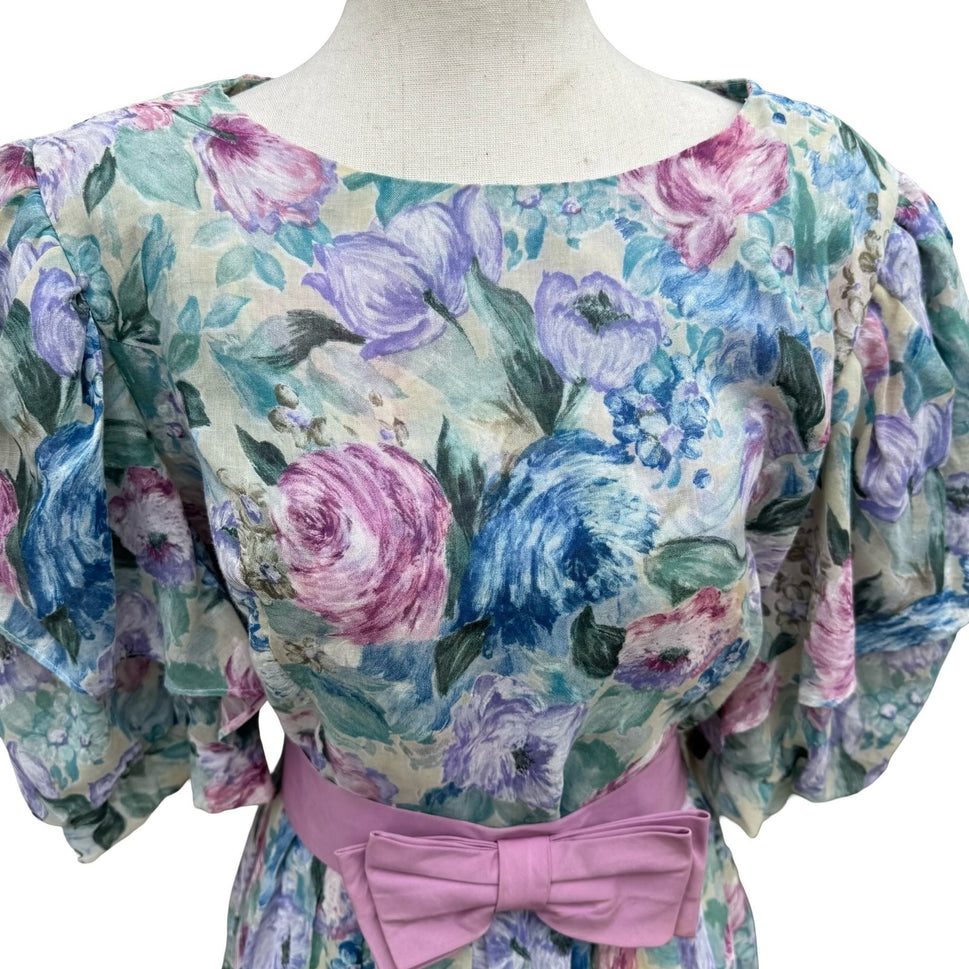 Lady Carol Vintage 80s Floral Puff Sleeve Semi Sheer Midi Dress 16 Cottagecore