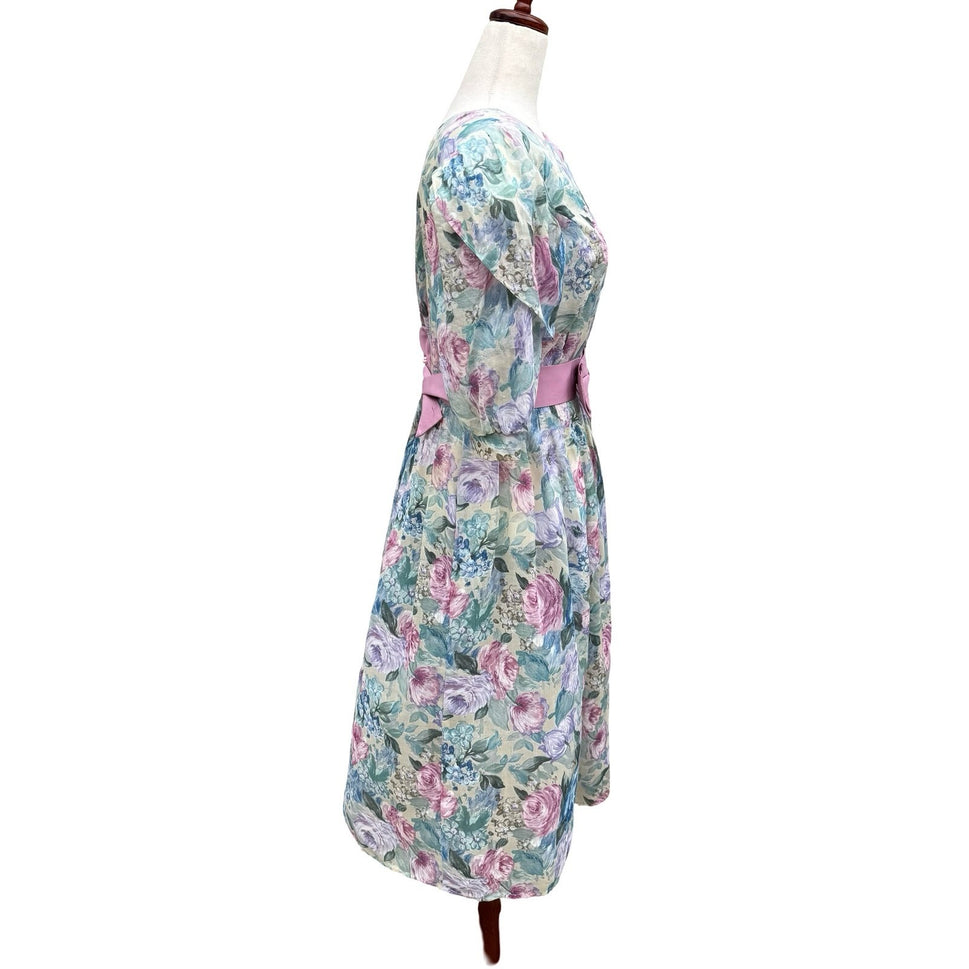Lady Carol Vintage 80s Floral Puff Sleeve Semi Sheer Midi Dress 16 Cottagecore