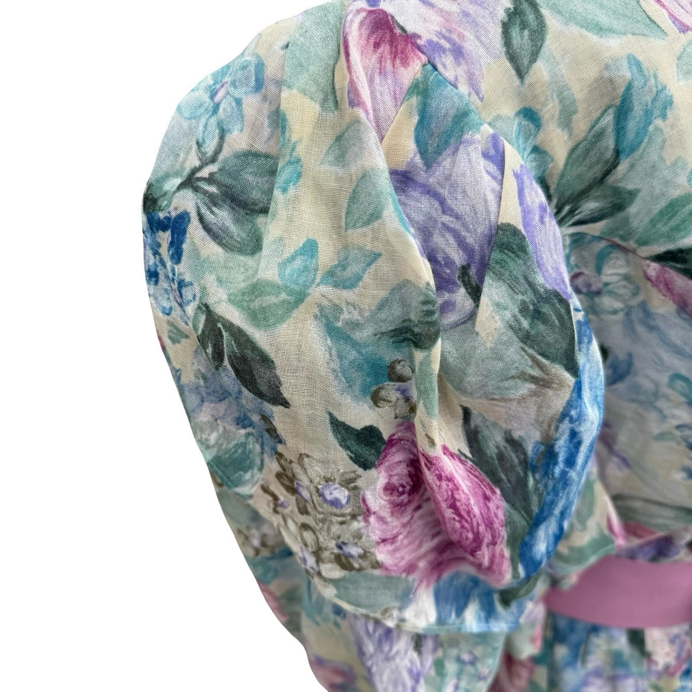 Lady Carol Vintage 80s Floral Puff Sleeve Semi Sheer Midi Dress 16 Cottagecore