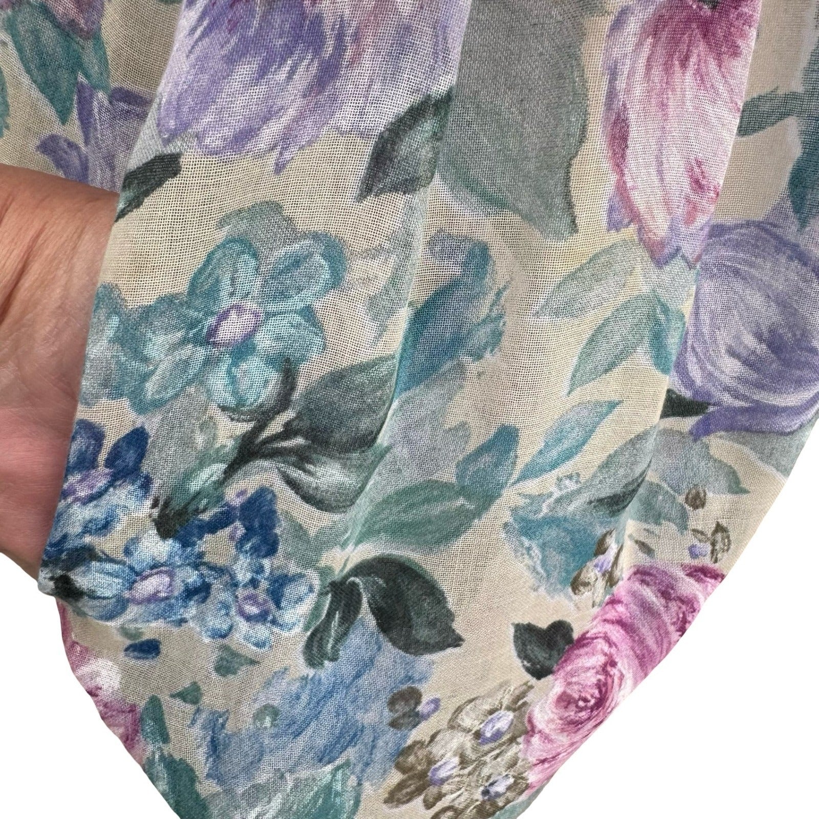 Lady Carol Vintage 80s Floral Puff Sleeve Semi Sheer Midi Dress 16 Cottagecore
