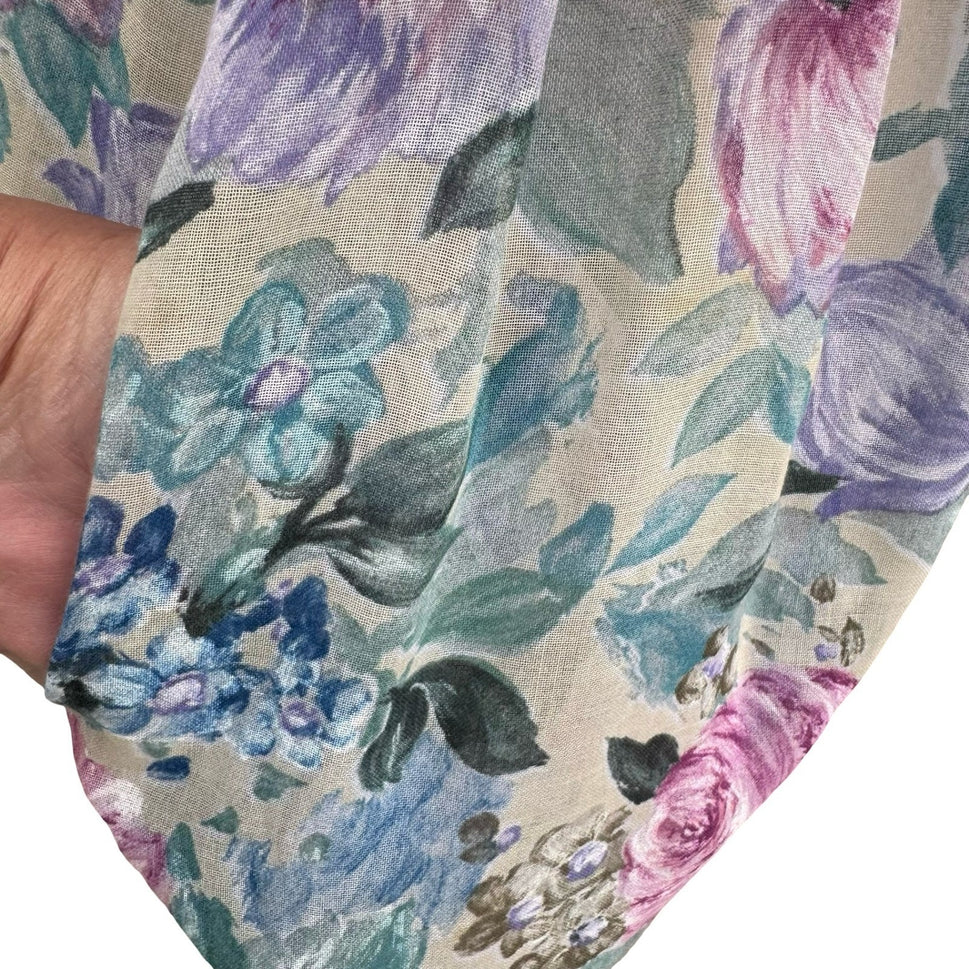 Lady Carol Vintage 80s Floral Puff Sleeve Semi Sheer Midi Dress 16 Cottagecore