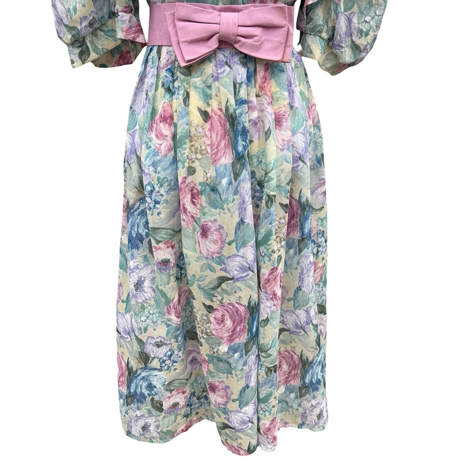 Lady Carol Vintage 80s Floral Puff Sleeve Semi Sheer Midi Dress 16 Cottagecore