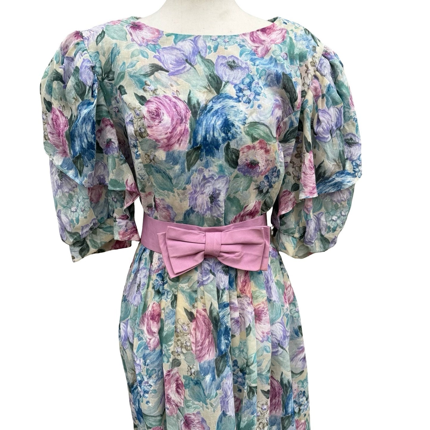 Lady Carol Vintage 80s Floral Puff Sleeve Semi Sheer Midi Dress 16 Cottagecore