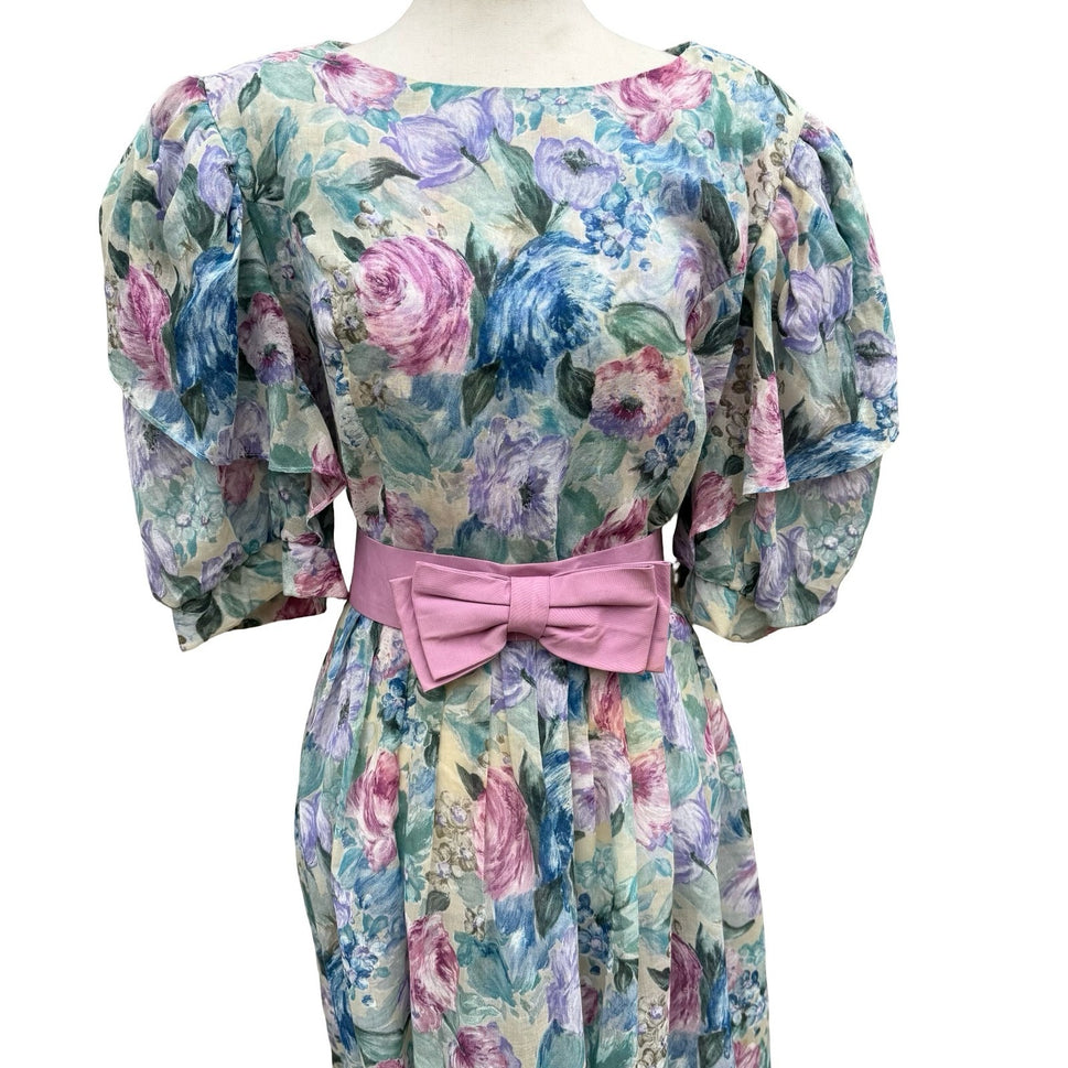 Lady Carol Vintage 80s Floral Puff Sleeve Semi Sheer Midi Dress 16 Cottagecore