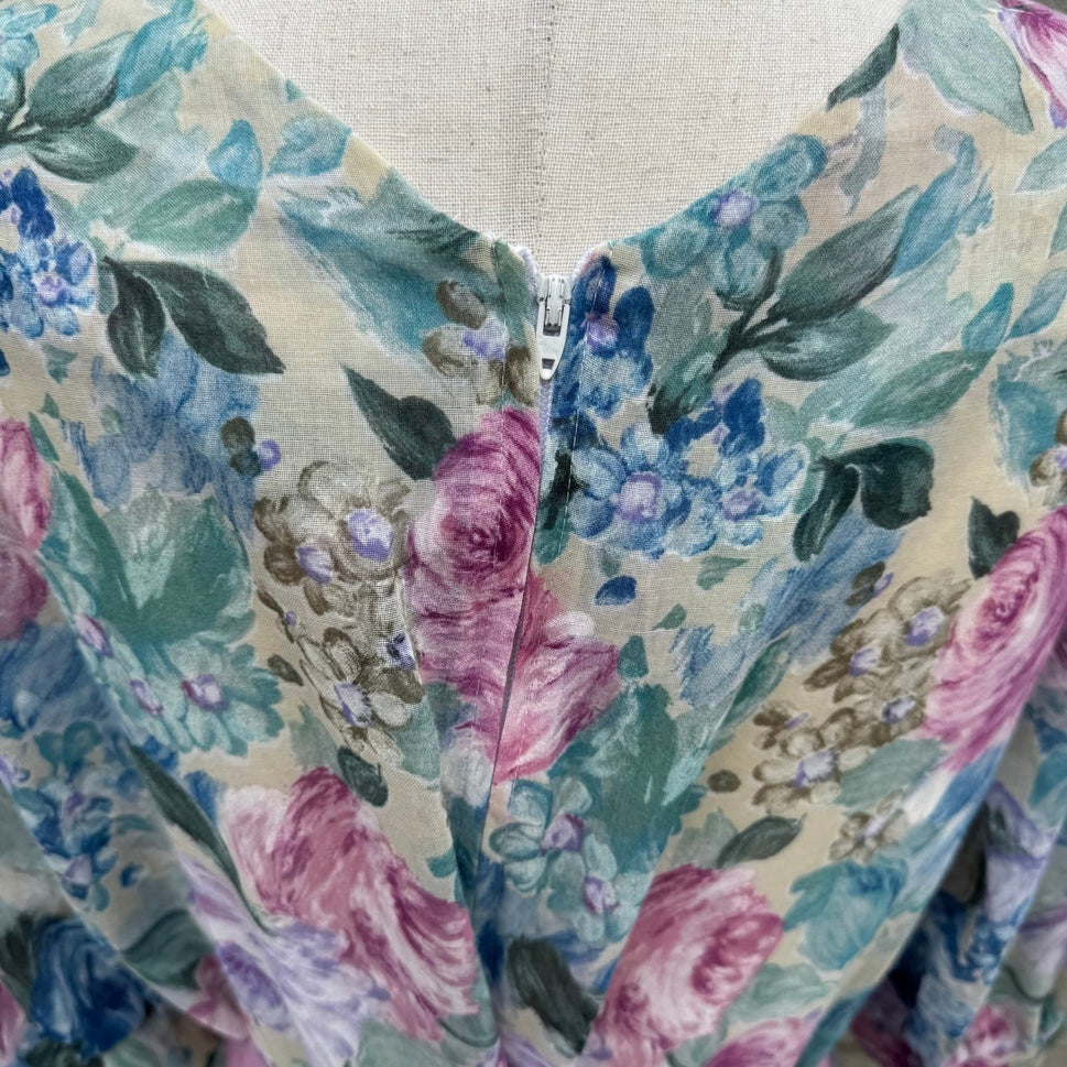Lady Carol Vintage 80s Floral Puff Sleeve Semi Sheer Midi Dress 16 Cottagecore