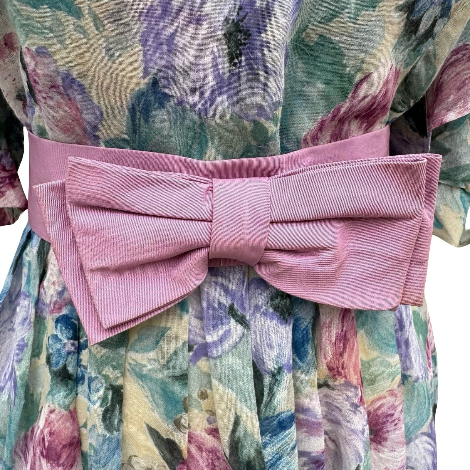 Lady Carol Vintage 80s Floral Puff Sleeve Semi Sheer Midi Dress 16 Cottagecore
