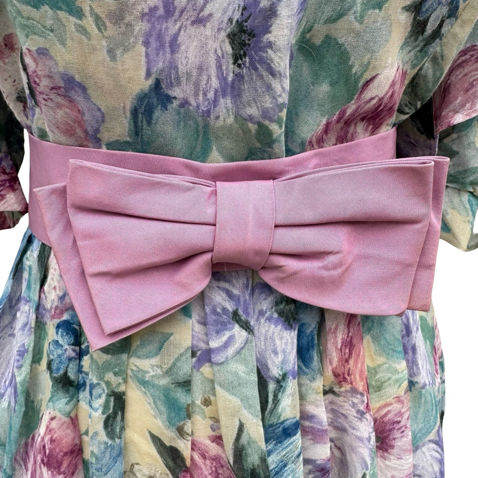 Lady Carol Vintage 80s Floral Puff Sleeve Semi Sheer Midi Dress 16 Cottagecore