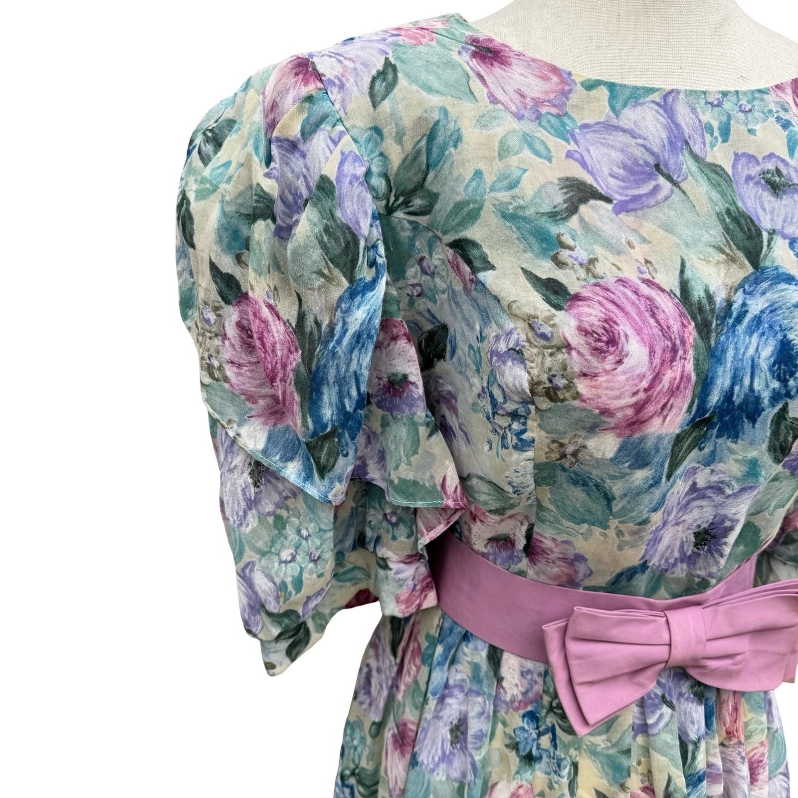 Lady Carol Vintage 80s Floral Puff Sleeve Semi Sheer Midi Dress 16 Cottagecore