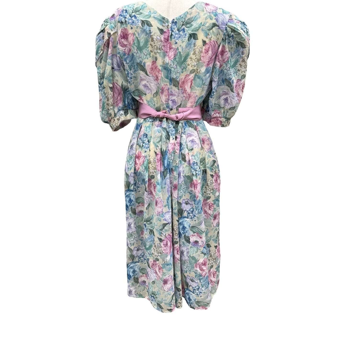 Lady Carol Vintage 80s Floral Puff Sleeve Semi Sheer Midi Dress 16 Cottagecore