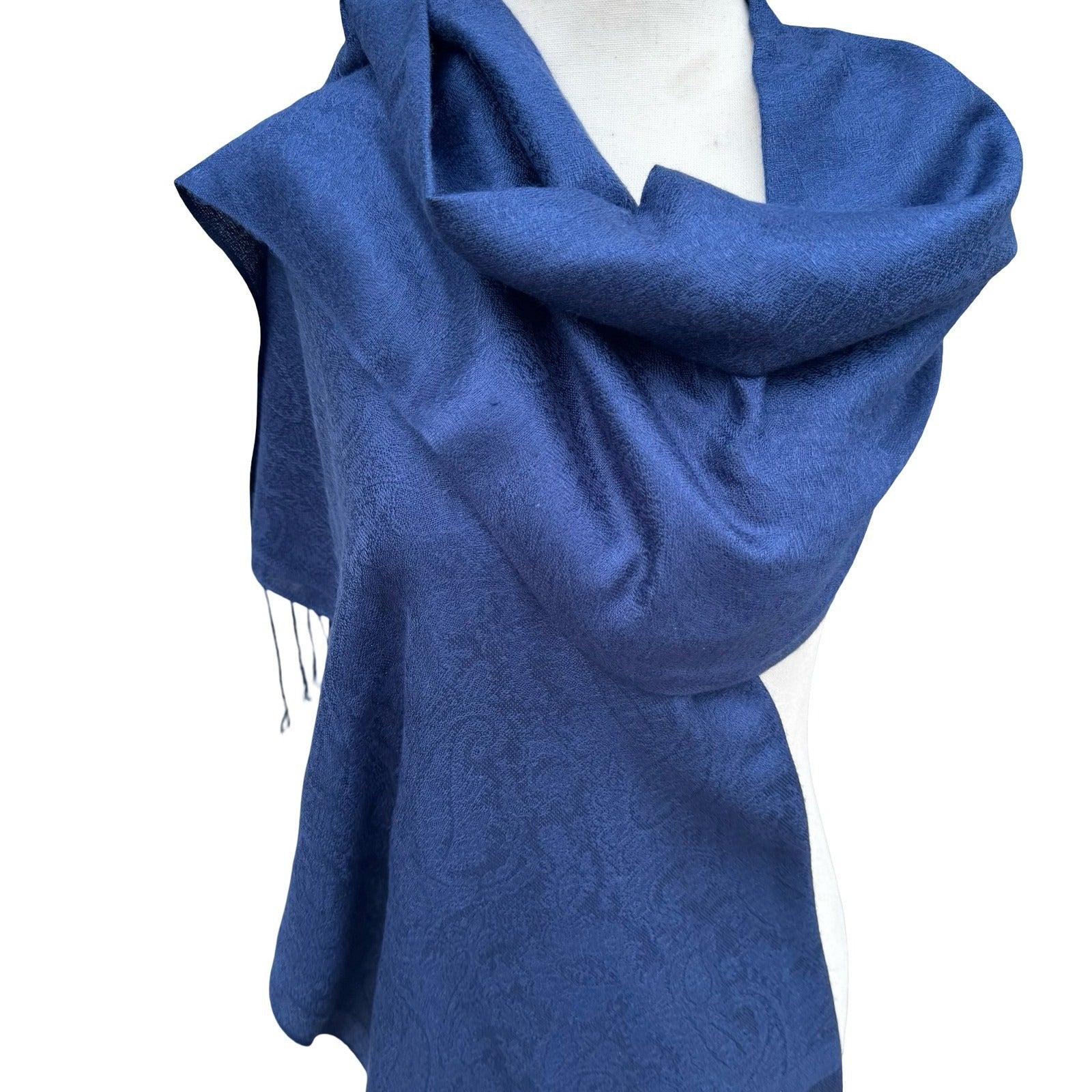 Pashmina Navy Blue Paisley Jacquard Scarf Shawl 100% Pashmina Fringe Wrap Stole