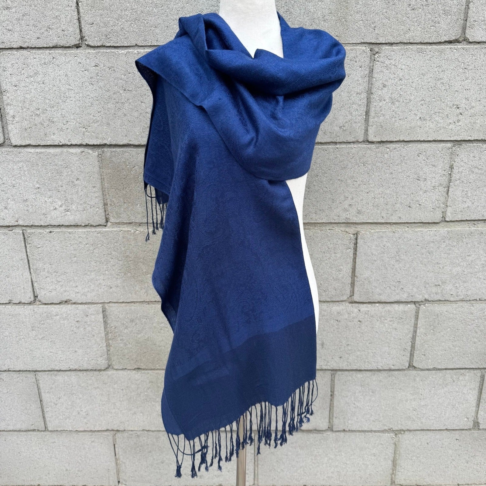 Pashmina Navy Blue Paisley Jacquard Scarf Shawl 100% Pashmina Fringe Wrap Stole