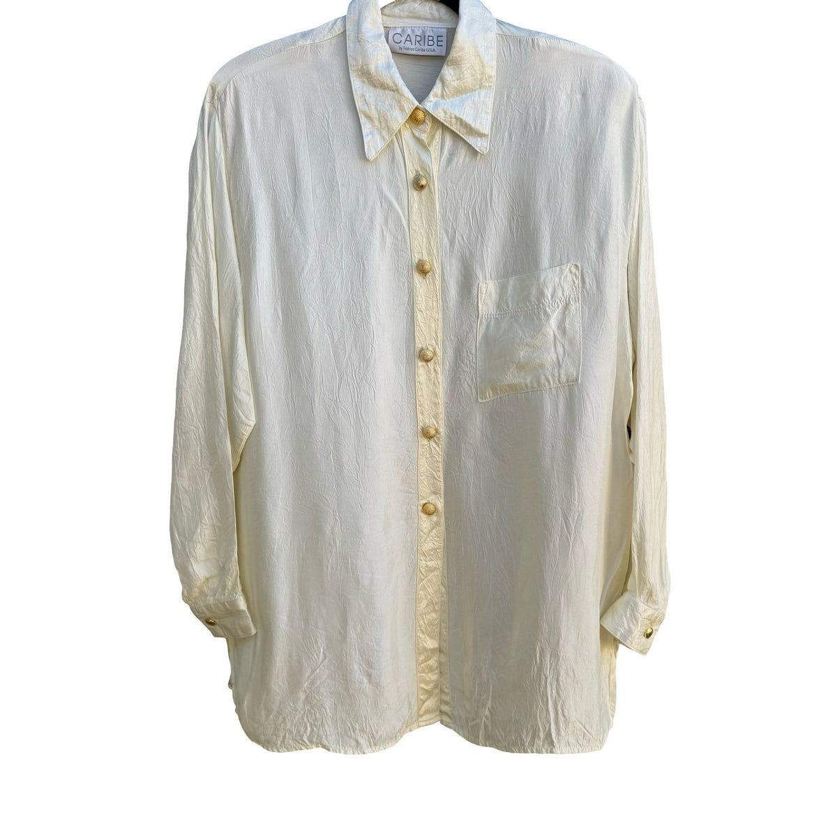 Caribe Vintage 90s Old Money Minimalist Crinkle Silk Feel Dressy Blouse Cream L