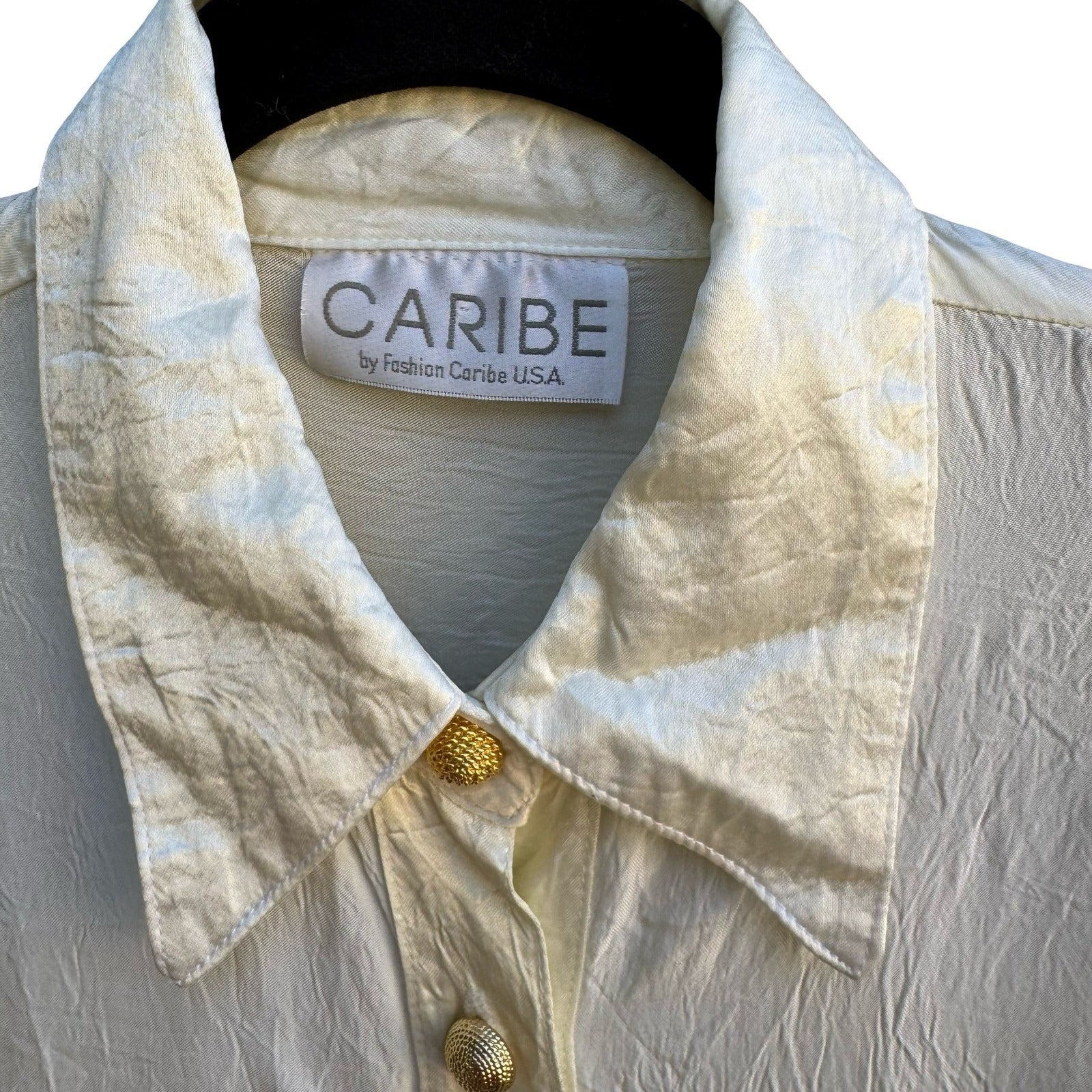 Caribe Vintage 90s Old Money Minimalist Crinkle Silk Feel Dressy Blouse Cream L
