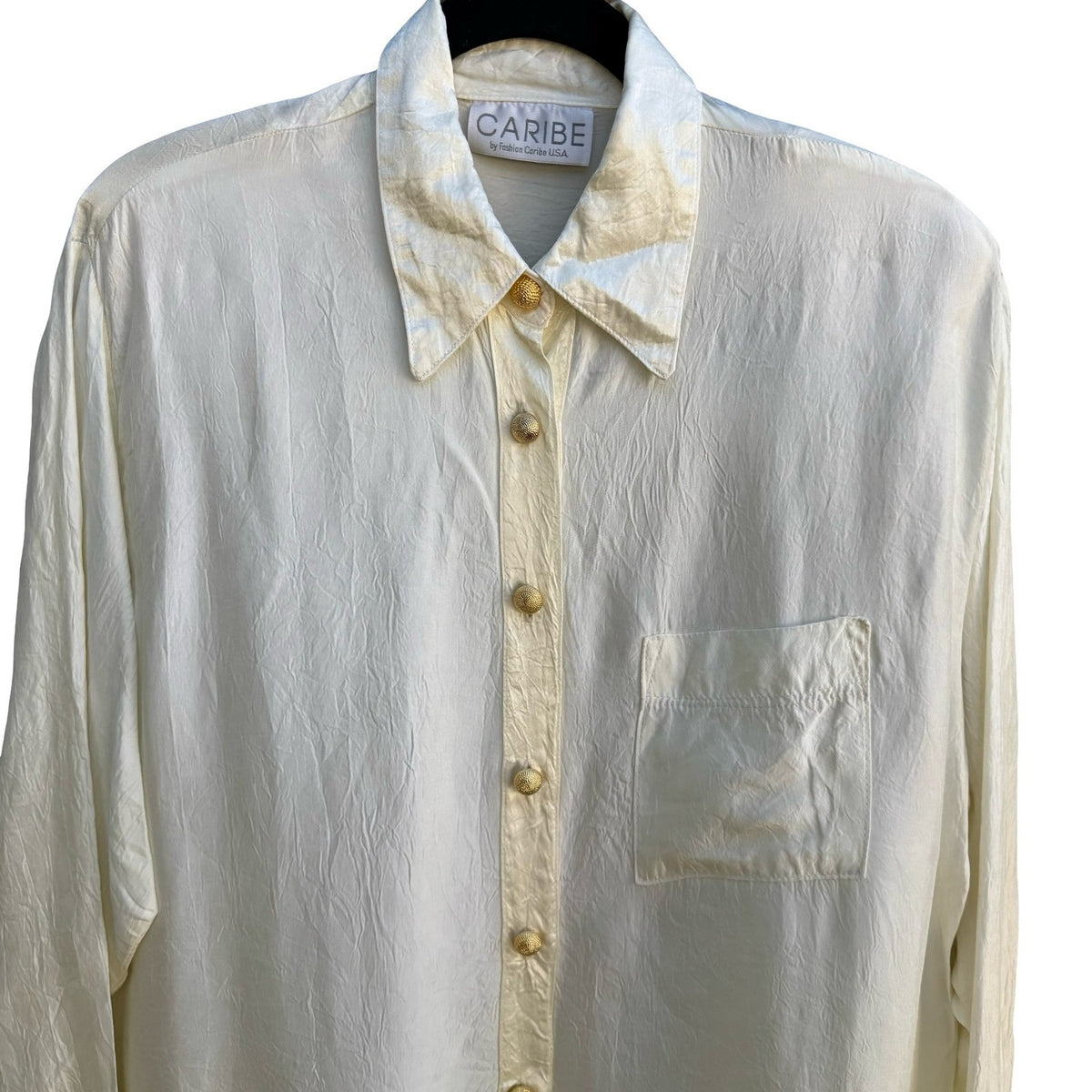 Caribe Vintage 90s Old Money Minimalist Crinkle Silk Feel Dressy Blouse Cream L