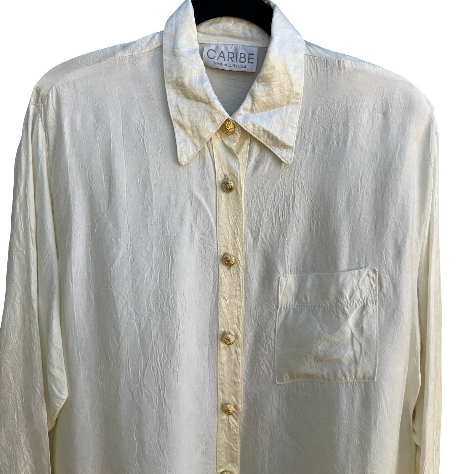 Caribe Vintage 90s Old Money Minimalist Crinkle Silk Feel Dressy Blouse Cream L