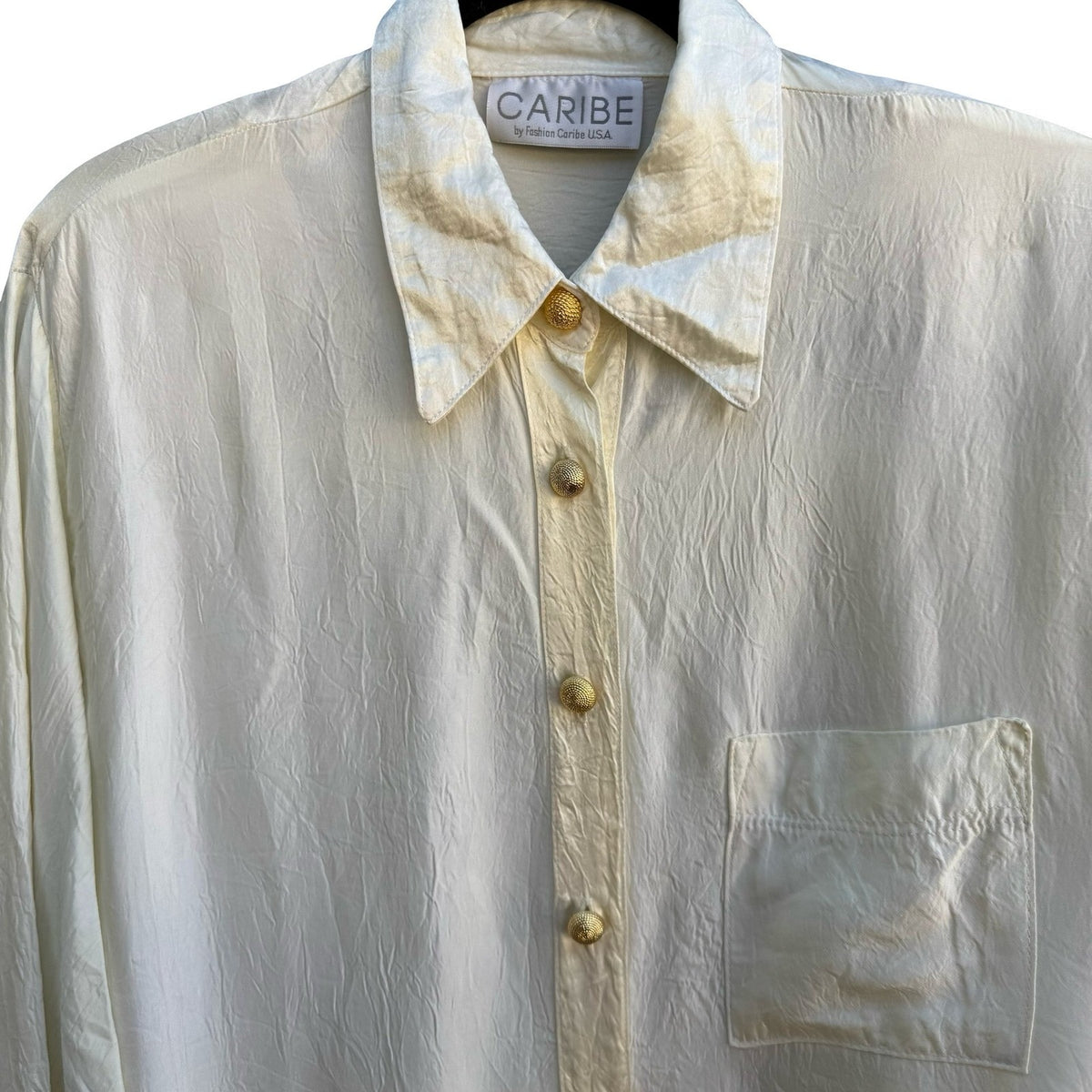 Caribe Vintage 90s Old Money Minimalist Crinkle Silk Feel Dressy Blouse Cream L