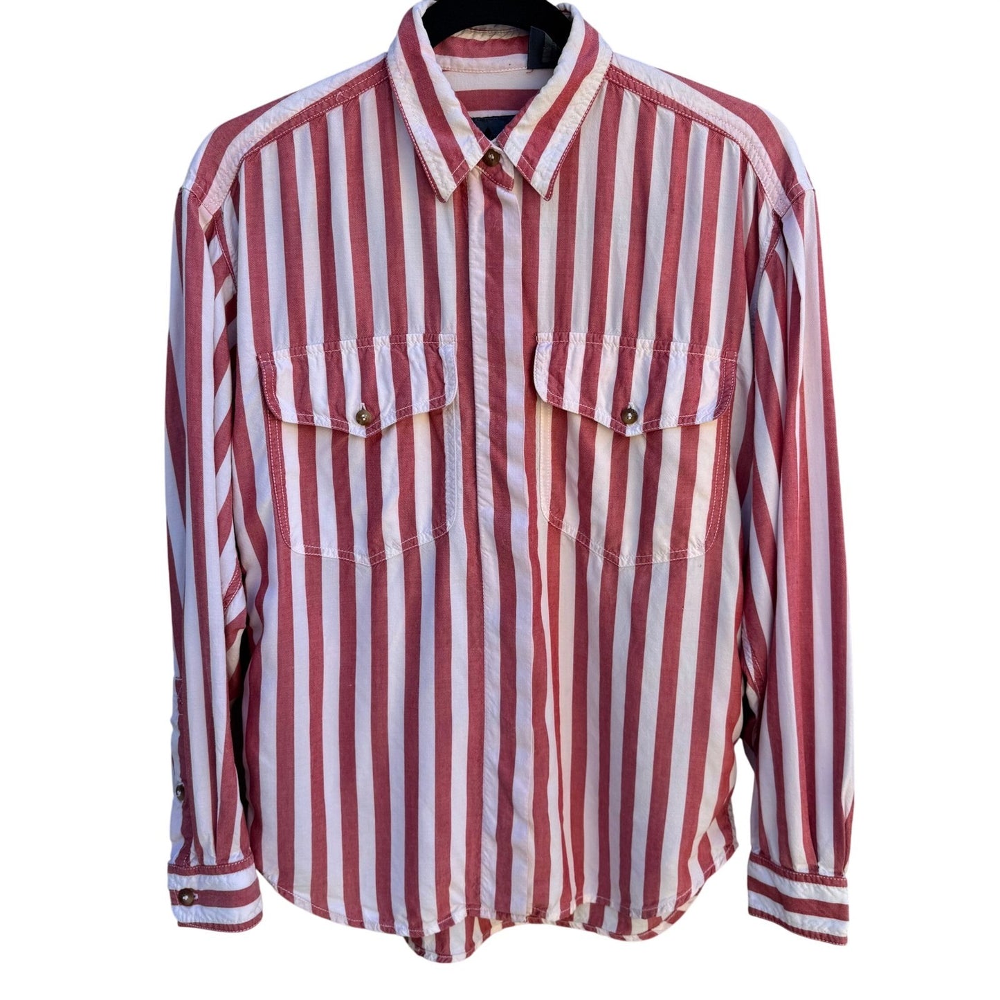 Lizwear Vintage 90s Womens S Red White Striped Long Sleeve Button Down Shirt