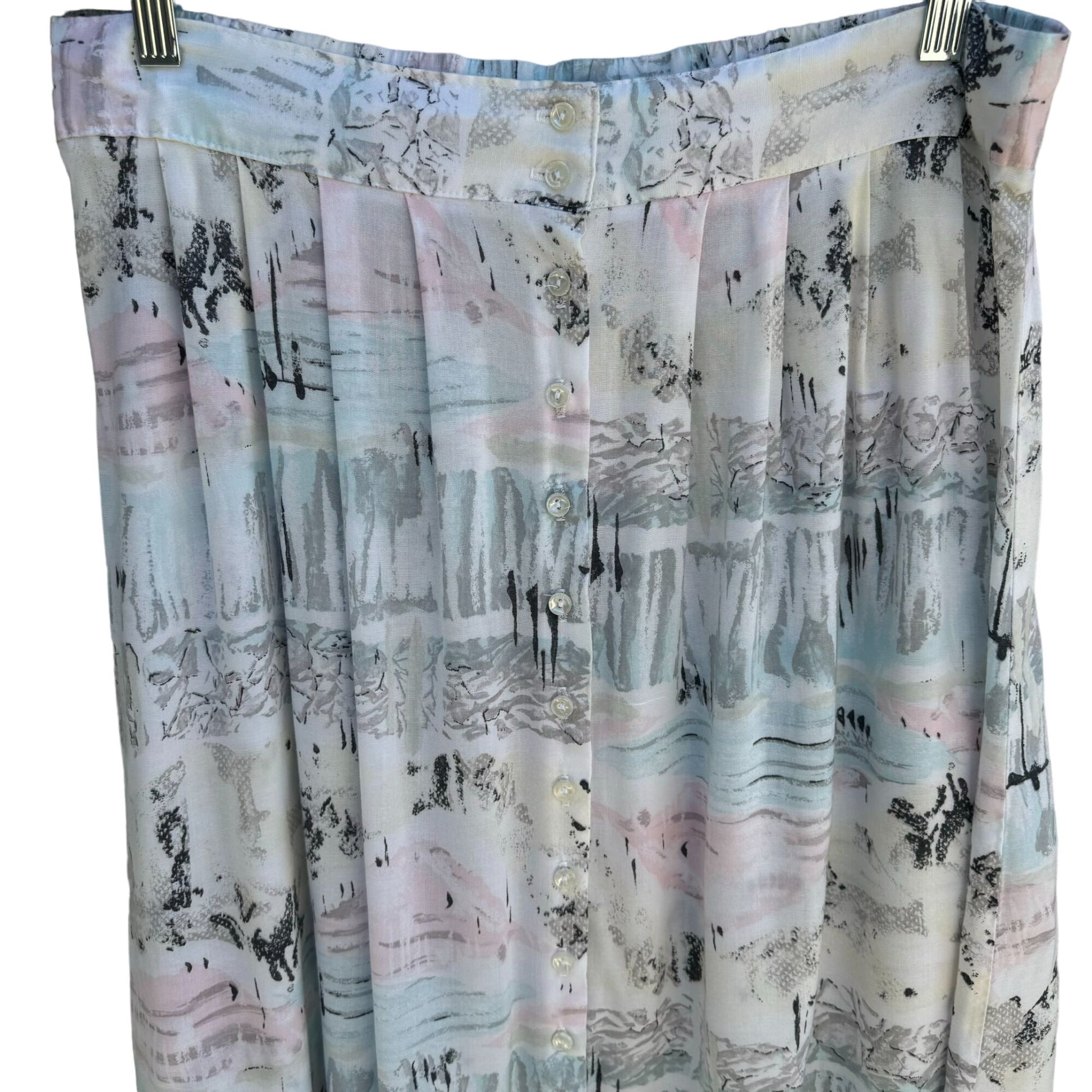 Women's Vintage Pleated Flowy Button Front Midi Skirt With Abstract Pastel Print