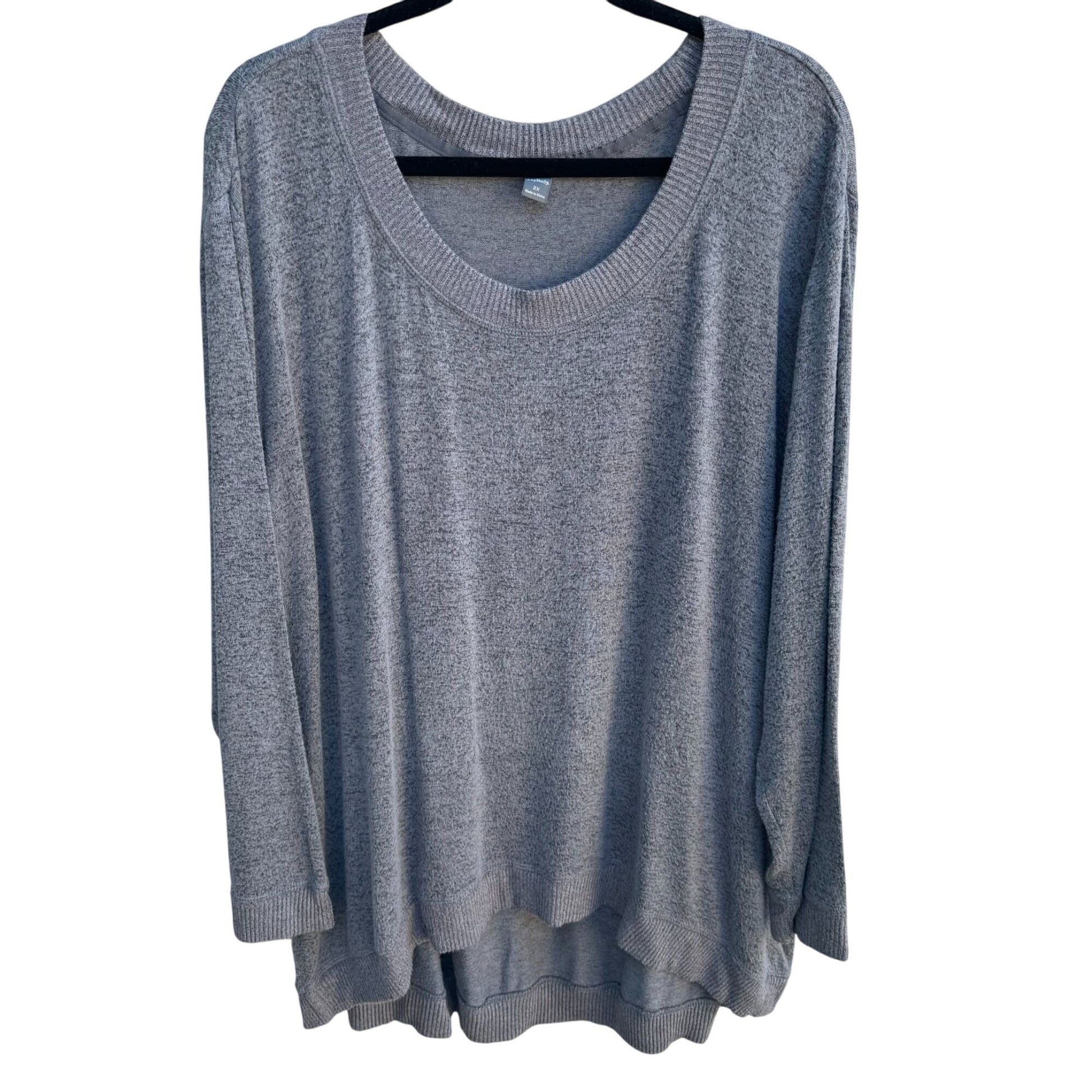 AnyBody Gray Scoop Neck Long Sleeve Stretch High Low Curved Hem Sweater Top 2X