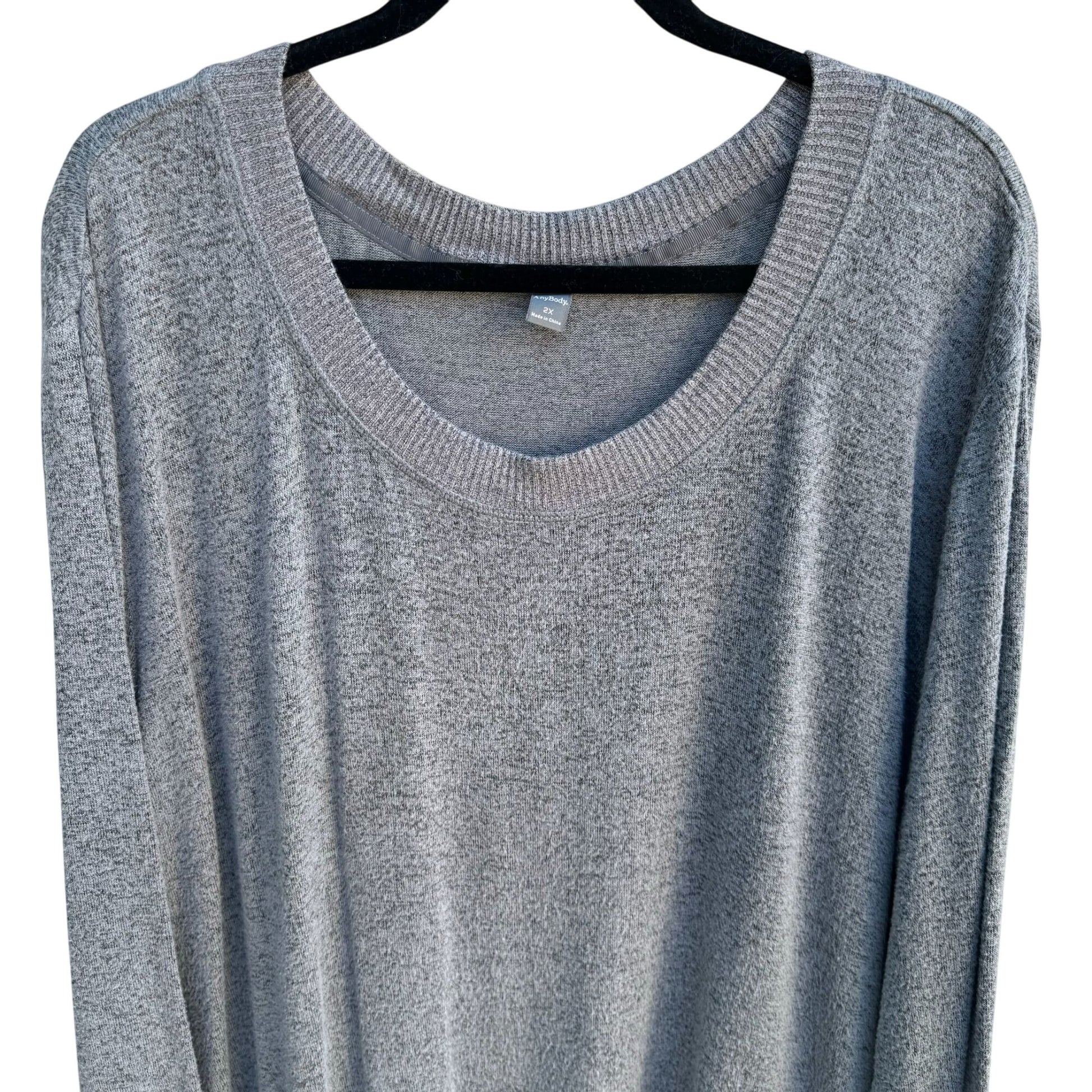 AnyBody Gray Scoop Neck Long Sleeve Stretch High Low Curved Hem Sweater Top 2X