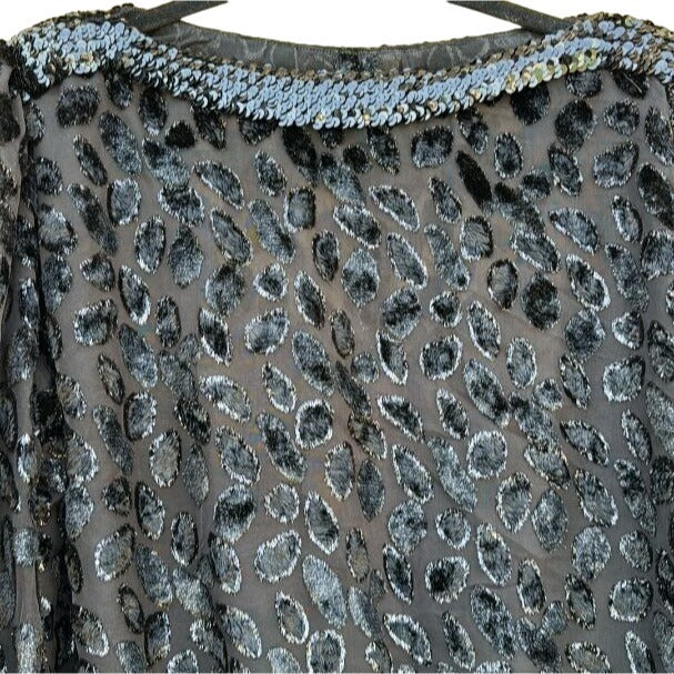 Siasia New York Vintage Velvet & Sequin Waist Wrist Semi Sheer Boat Neck Blouse