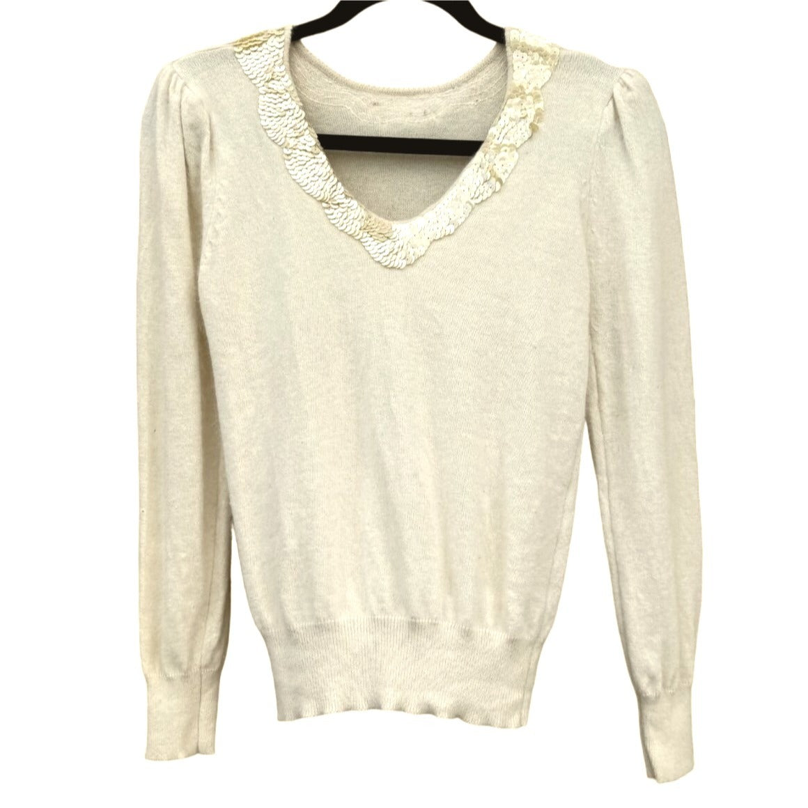 Angora Vintage Ivory Sequin V Neck Pleat Balloon Sleeve Knit Old Money Sweater S