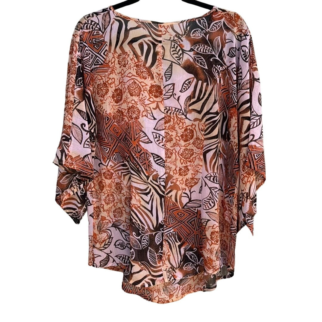 Semi Sheer Women's Multicolor Flowy Boho Geometric Print V-Neck Beaded Blouse -L