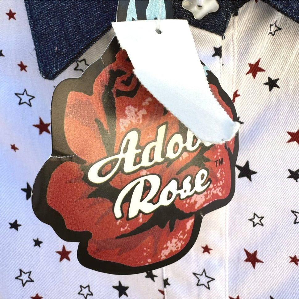 Adobe Rose Women's Sleeveless Star Print Button-Up Shirt With Denim Collar - NWT