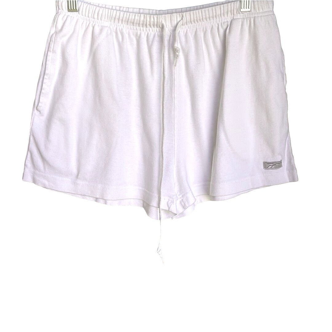 Reebok Women's Vintage White Elastic Drawstring Waist Cotton Athletic Shorts - L