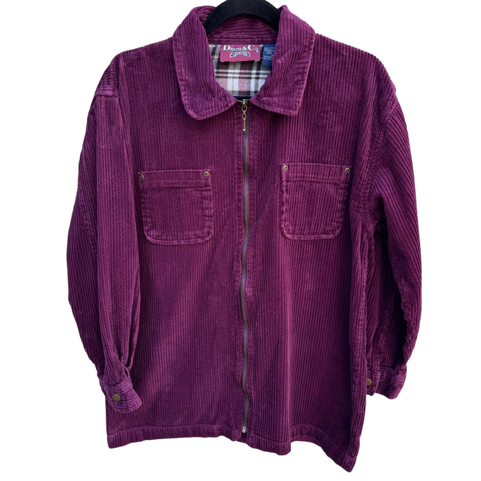 Denim & Co. Vintage Womens Purple Zip Plaid Lining Corduroy Barn Chore Jacket S