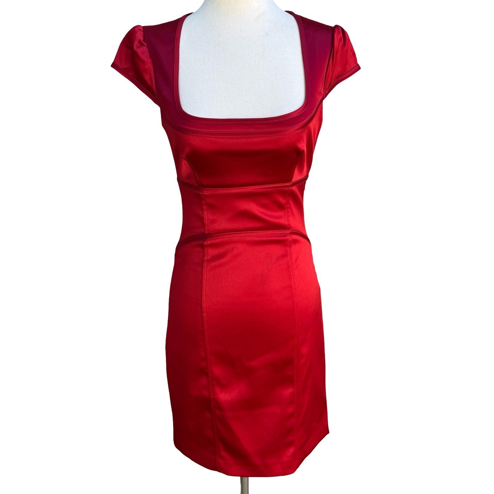Laundry Shelli Segal Red Satin Square Neck Cap Sleeve Glam Bodycon Mini Dress 0