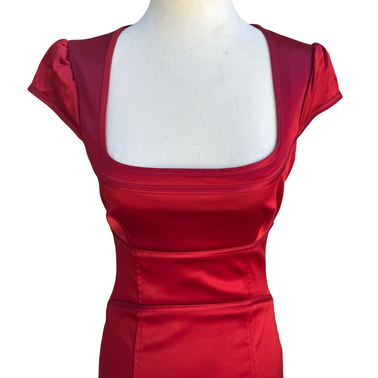 Laundry Shelli Segal Red Satin Square Neck Cap Sleeve Glam Bodycon Mini Dress 0