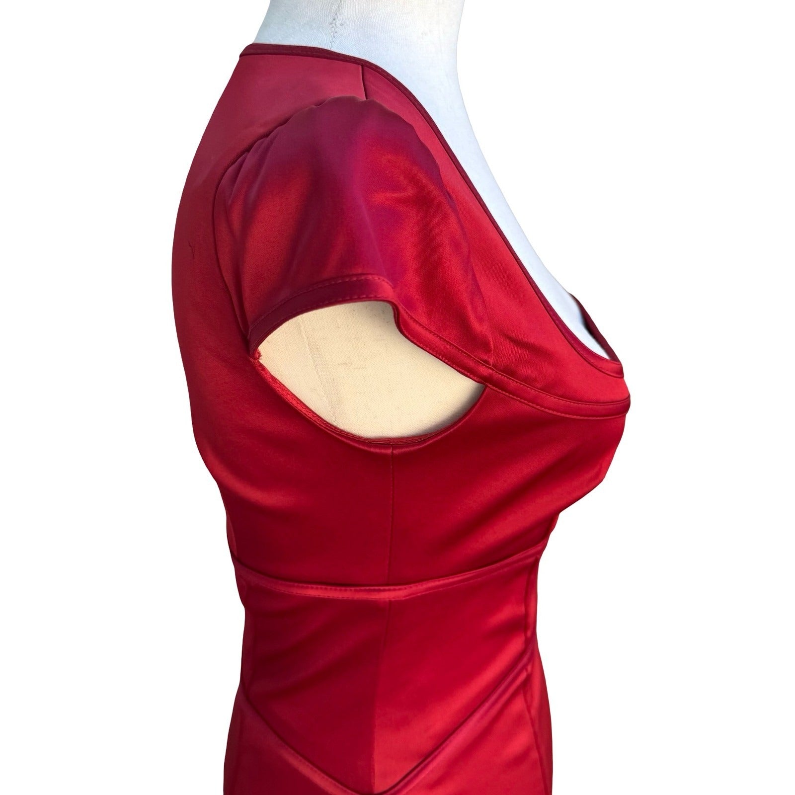 Laundry Shelli Segal Red Satin Square Neck Cap Sleeve Glam Bodycon Mini Dress 0