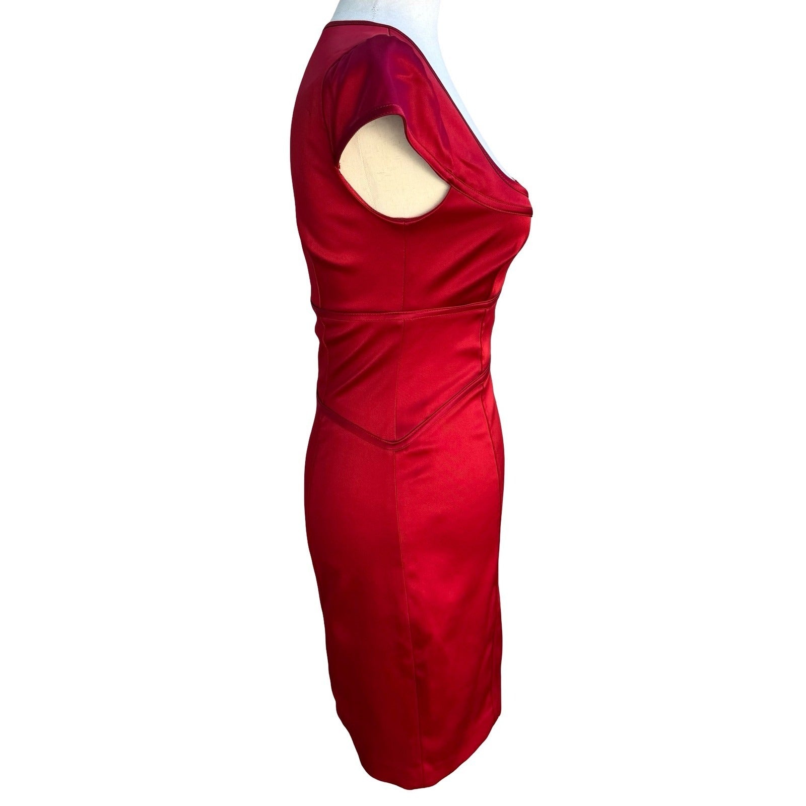 Laundry Shelli Segal Red Satin Square Neck Cap Sleeve Glam Bodycon Mini Dress 0