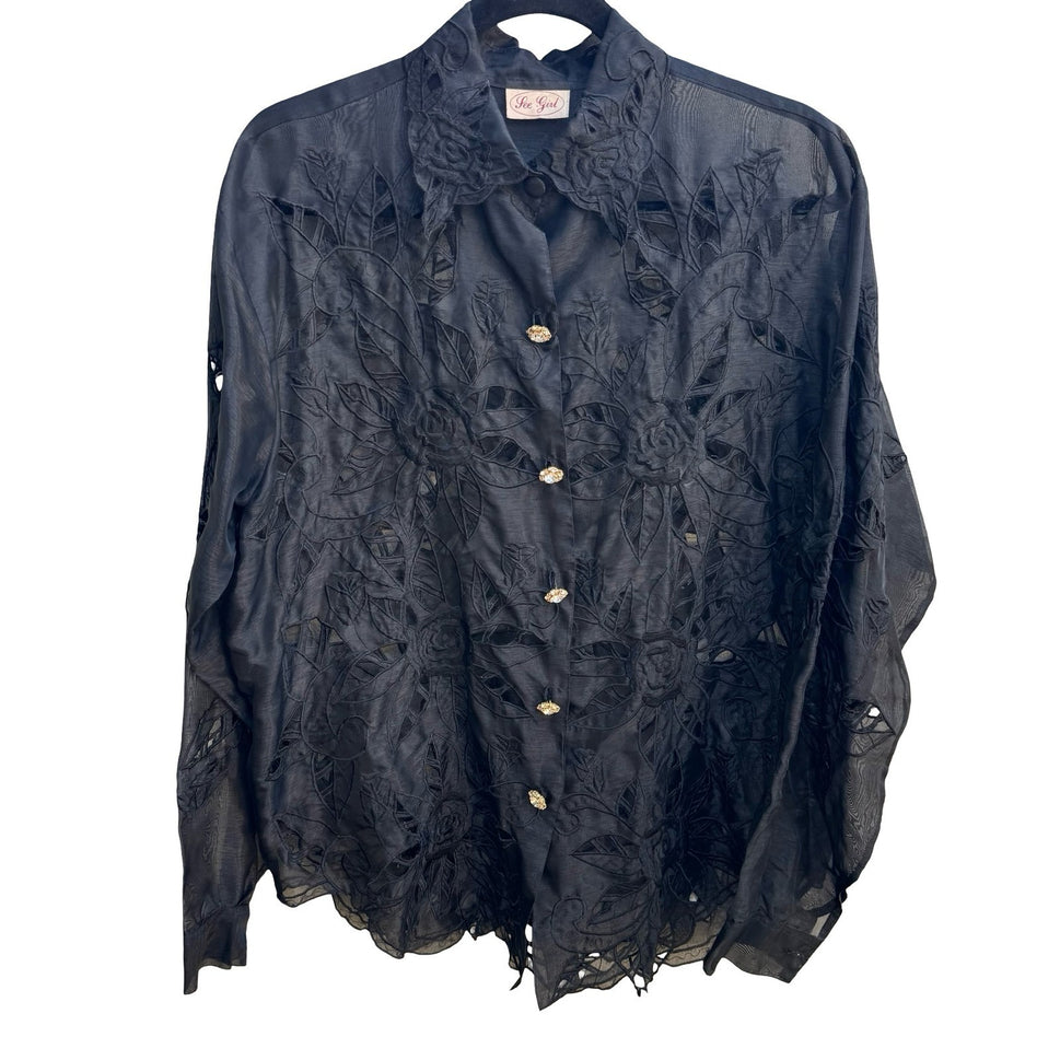 Lee Girl Vintage 90s Goth Sheer Organza Floral Embroidered Rhinestone Blouse L