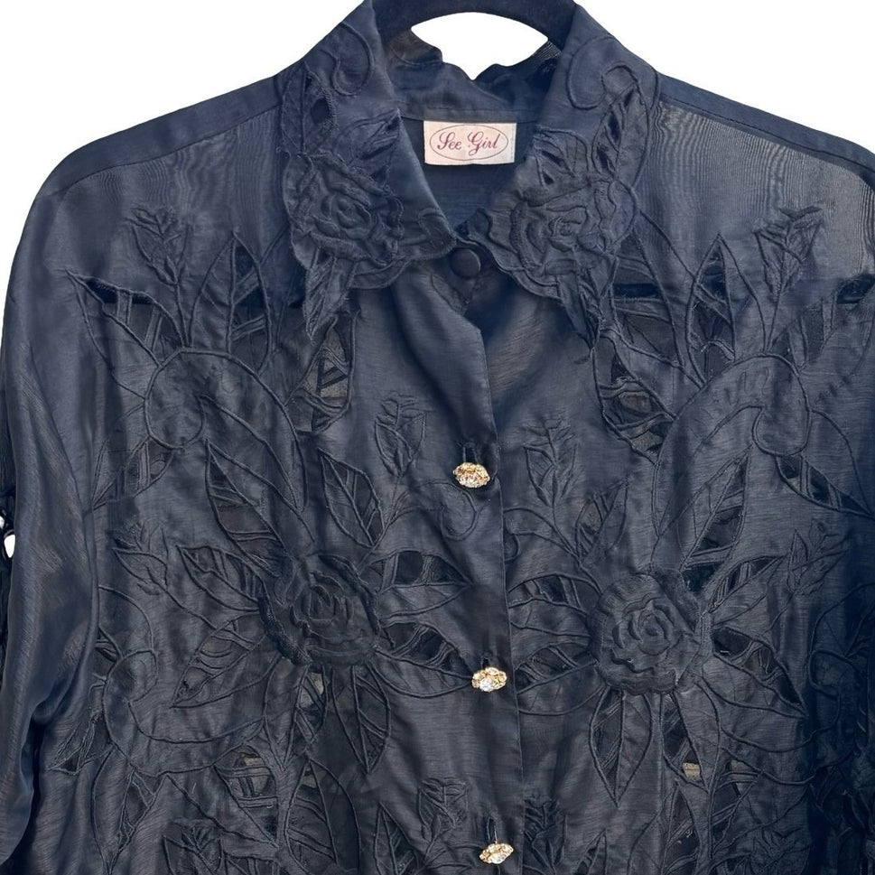 Lee Girl Vintage 90s Goth Sheer Organza Floral Embroidered Rhinestone Blouse L