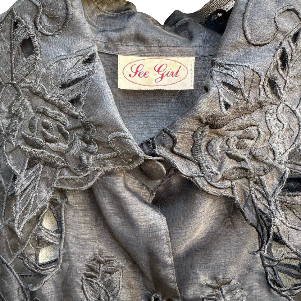 Lee Girl Vintage 90s Goth Sheer Organza Floral Embroidered Rhinestone Blouse L