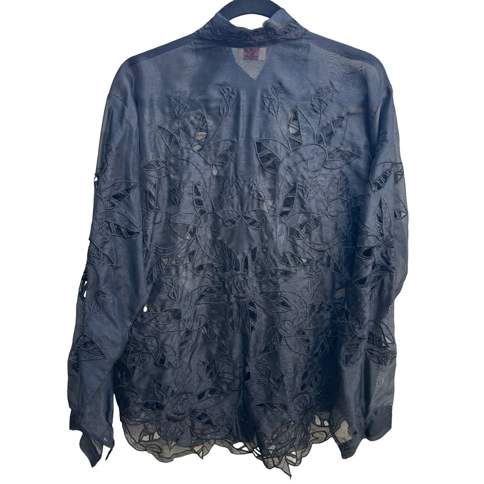 Lee Girl Vintage 90s Goth Sheer Organza Floral Embroidered Rhinestone Blouse L
