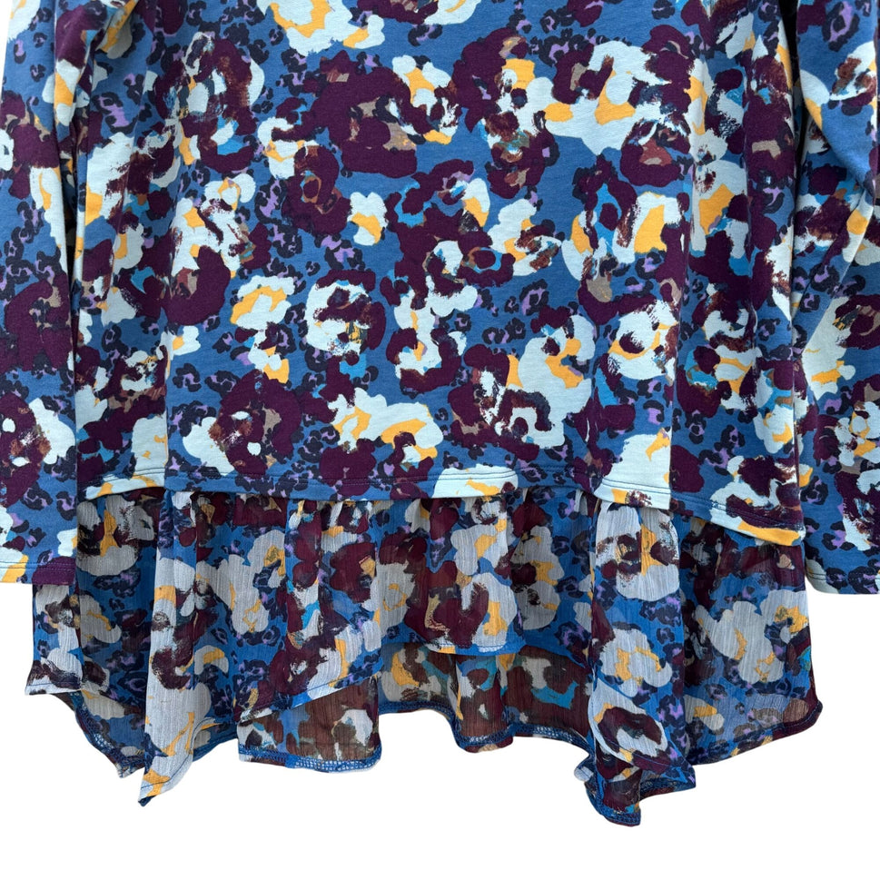 Logo Lounge Multicolor Layered Ruffle Hem Floral Abstract Long-Sleeve Tunic Top