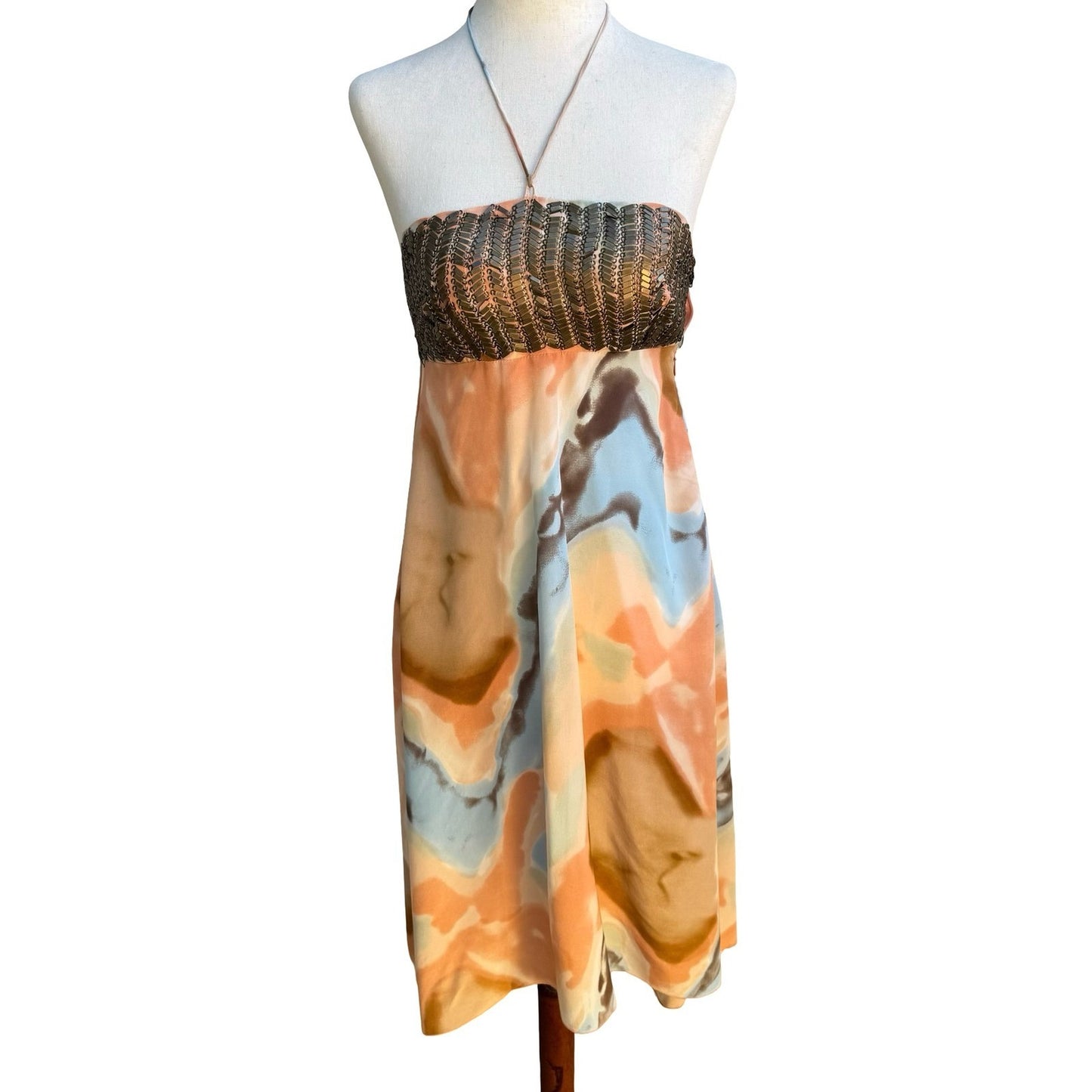 Iron Y2K Boho Resortwear Watercolor Halter Midi Dress Metal Embellished Bodice S