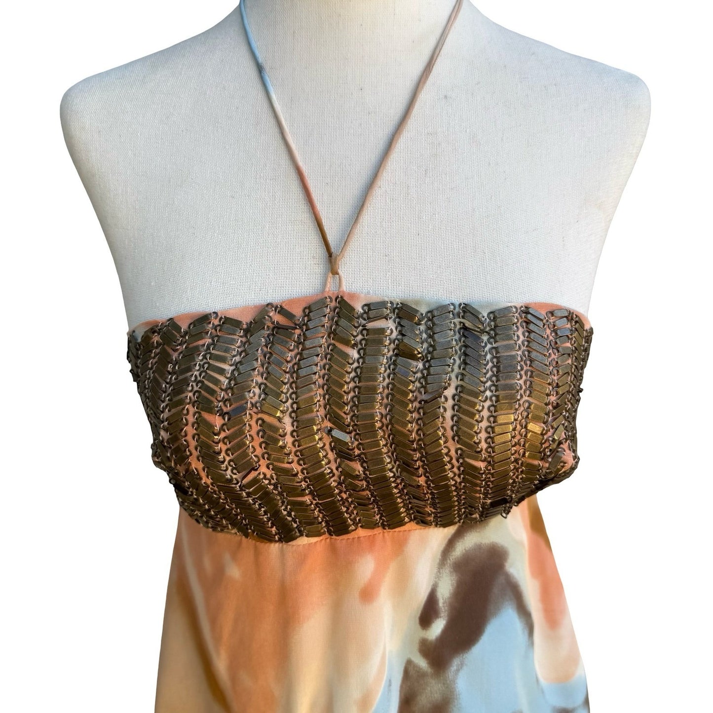Iron Y2K Boho Resortwear Watercolor Halter Midi Dress Metal Embellished Bodice S