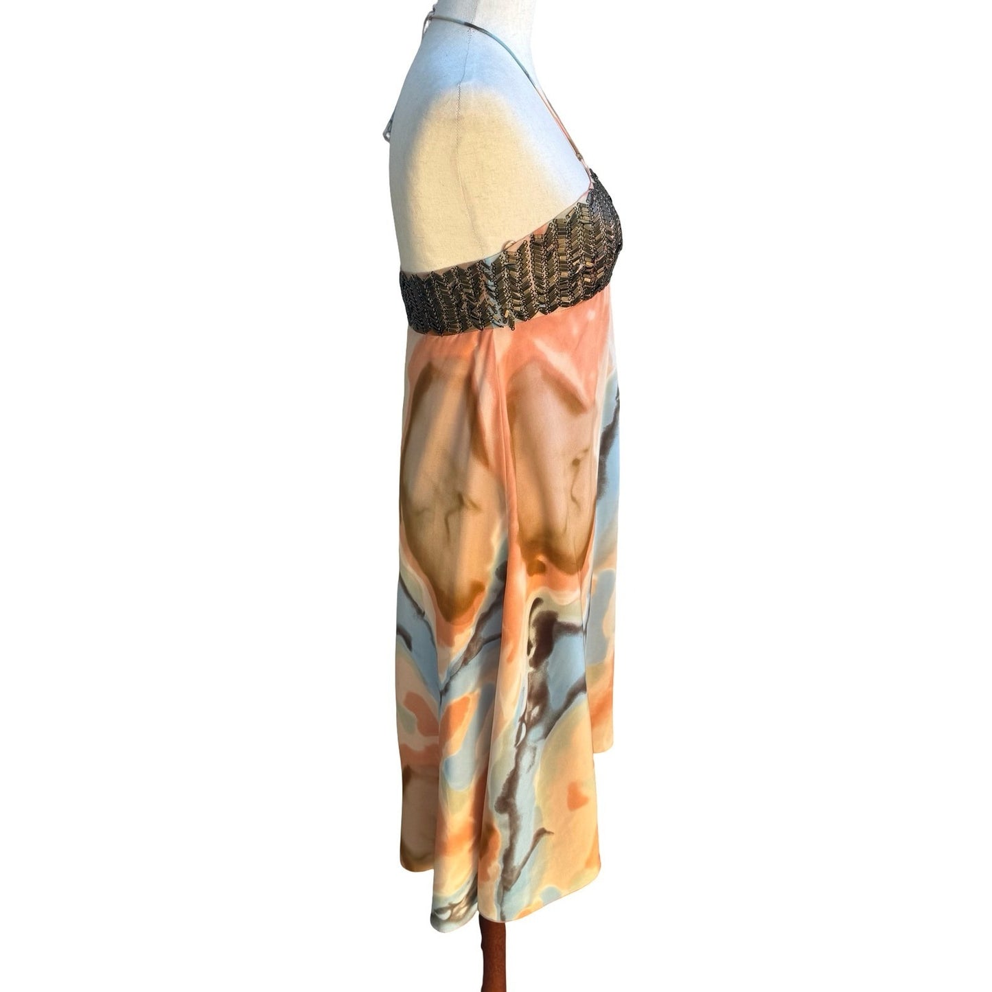 Iron Y2K Boho Resortwear Watercolor Halter Midi Dress Metal Embellished Bodice S