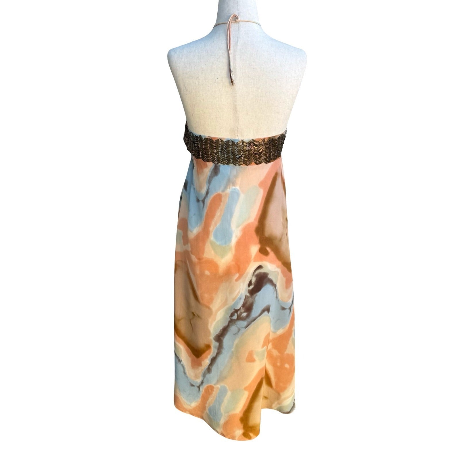 Iron Y2K Boho Resortwear Watercolor Halter Midi Dress Metal Embellished Bodice S