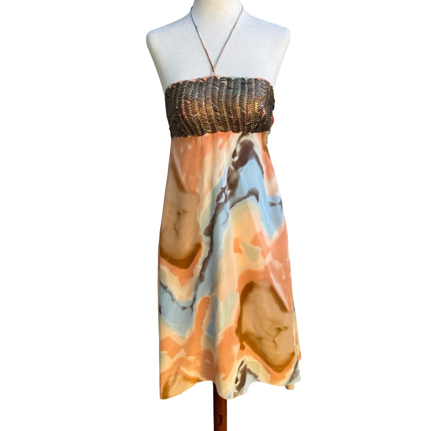 Iron Y2K Boho Resortwear Watercolor Halter Midi Dress Metal Embellished Bodice S