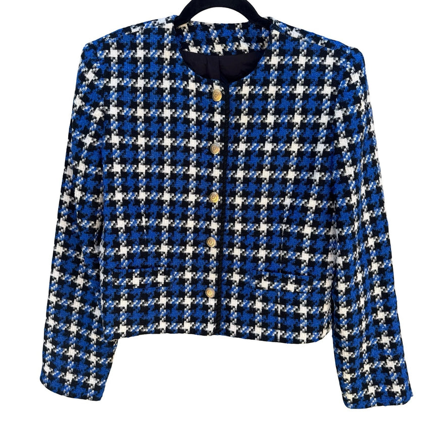 Michele Vintage Houndstooth Blazer Blue Black White Tweed Gold Button Jacket 10