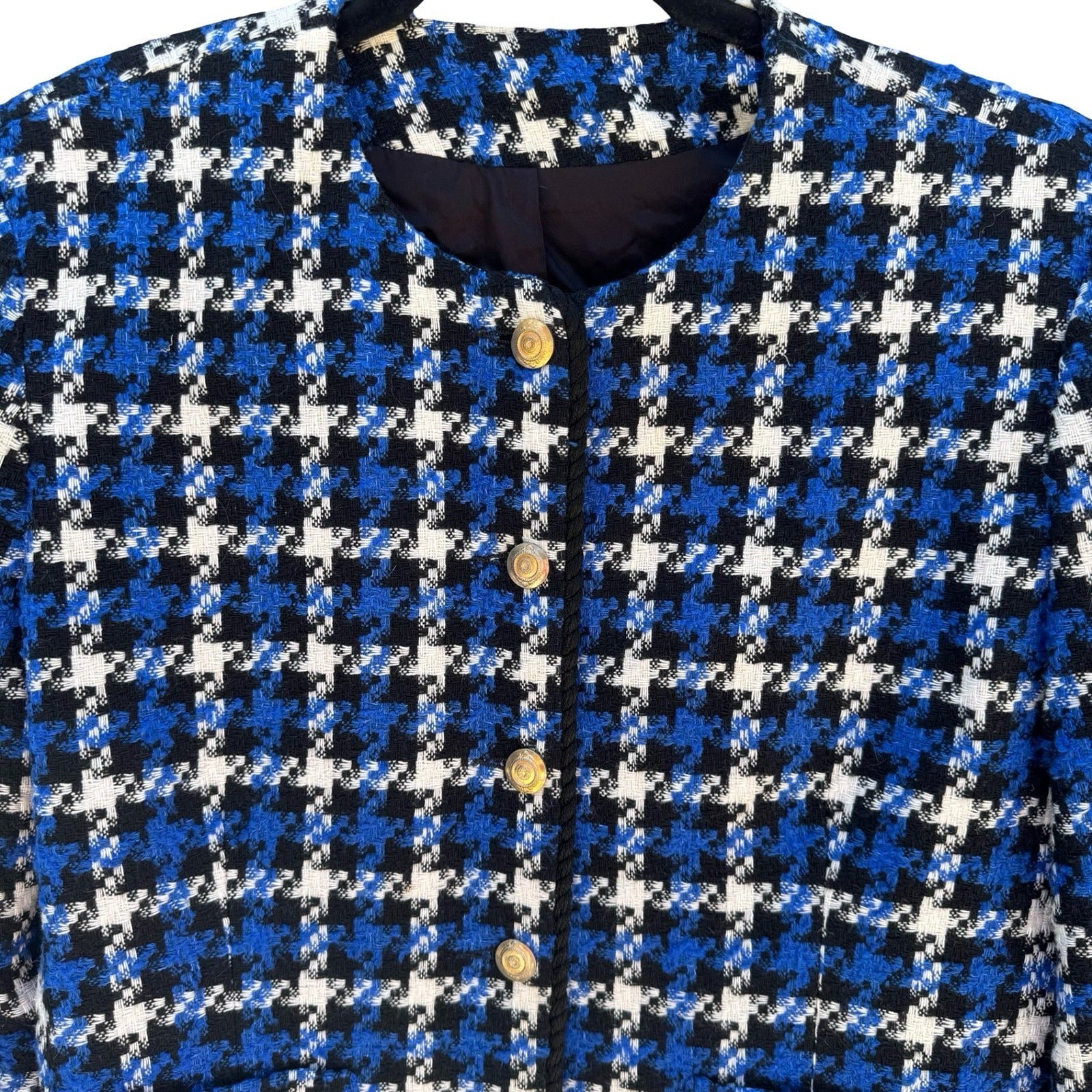Michele Vintage Houndstooth Blazer Blue Black White Tweed Gold Button Jacket 10