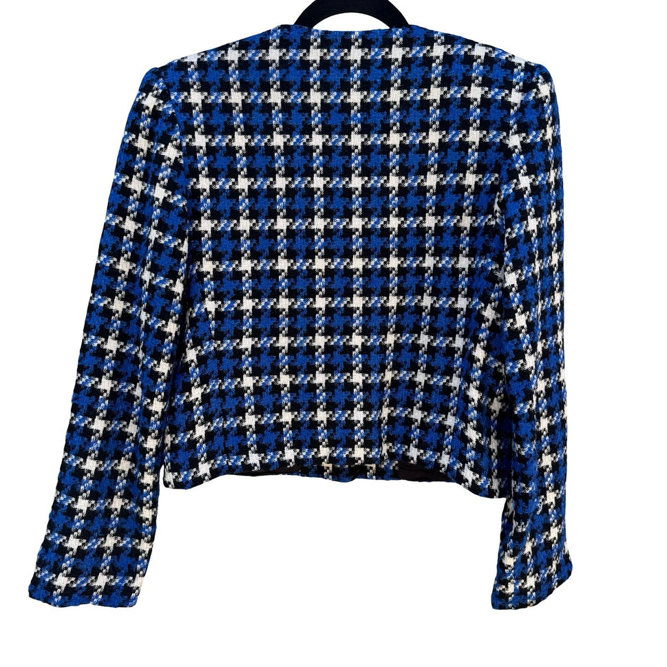 Michele Vintage Houndstooth Blazer Blue Black White Tweed Gold Button Jacket 10