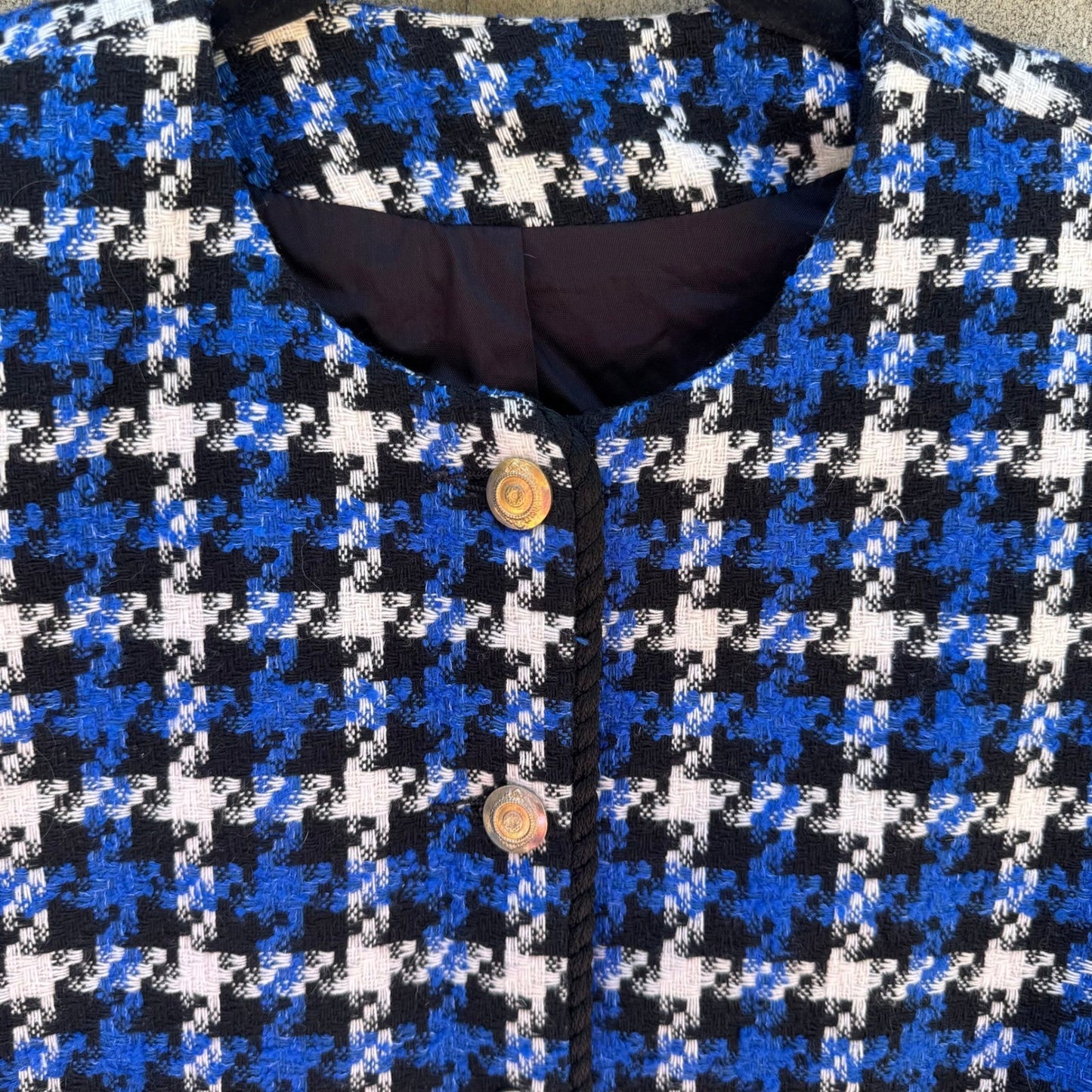 Michele Vintage Houndstooth Blazer Blue Black White Tweed Gold Button Jacket 10