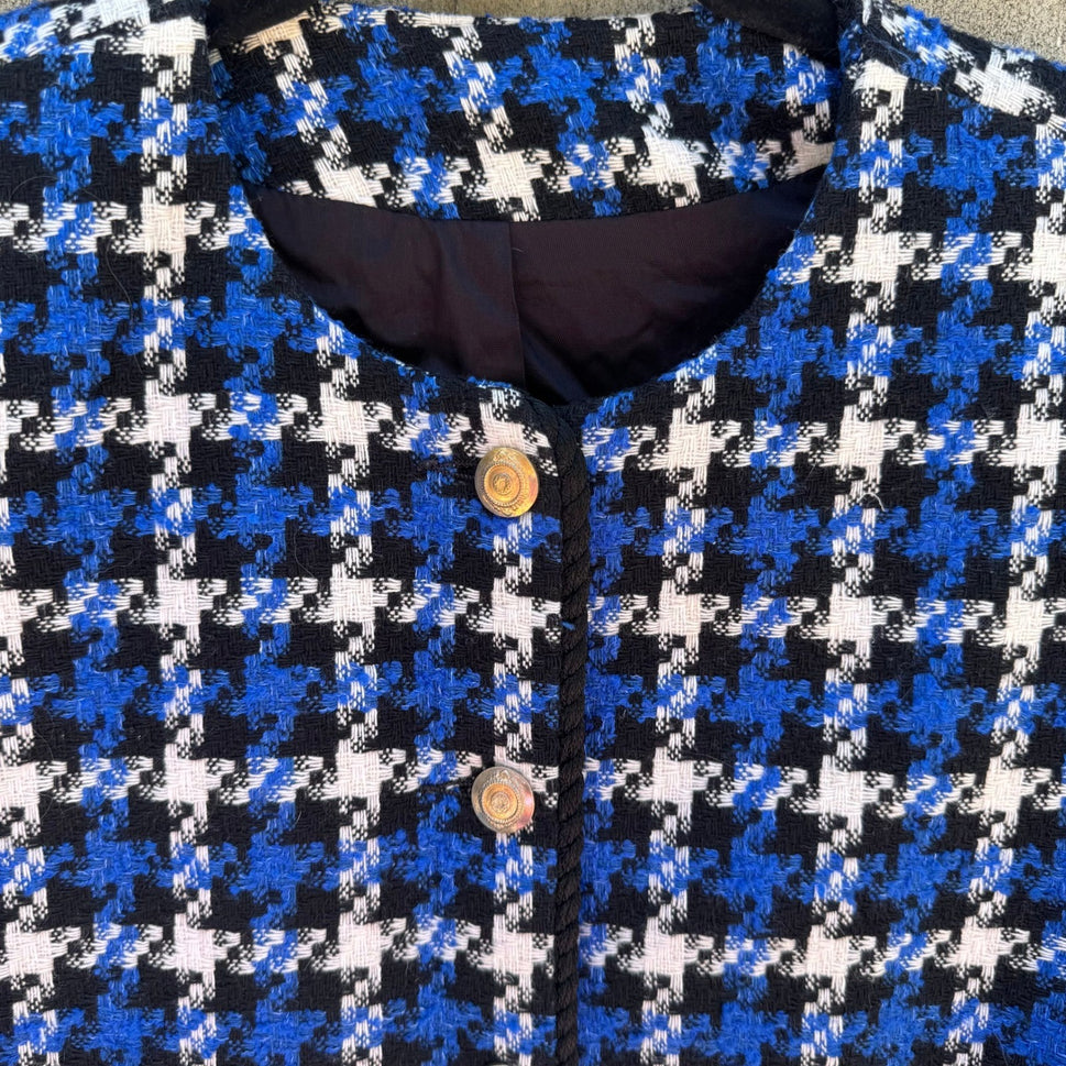 Michele Vintage Houndstooth Blazer Blue Black White Tweed Gold Button Jacket 10