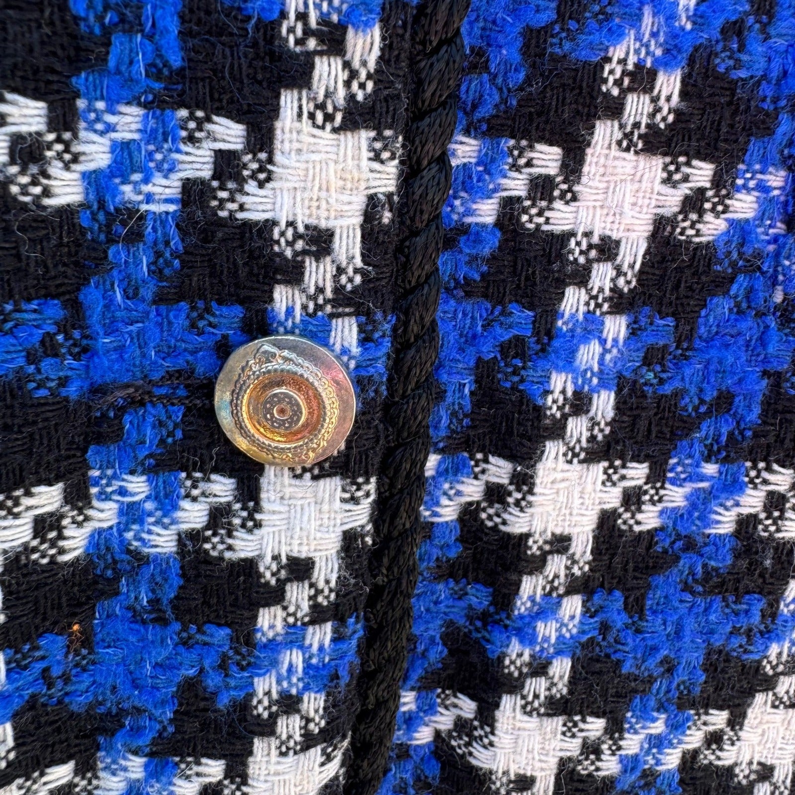 Michele Vintage Houndstooth Blazer Blue Black White Tweed Gold Button Jacket 10